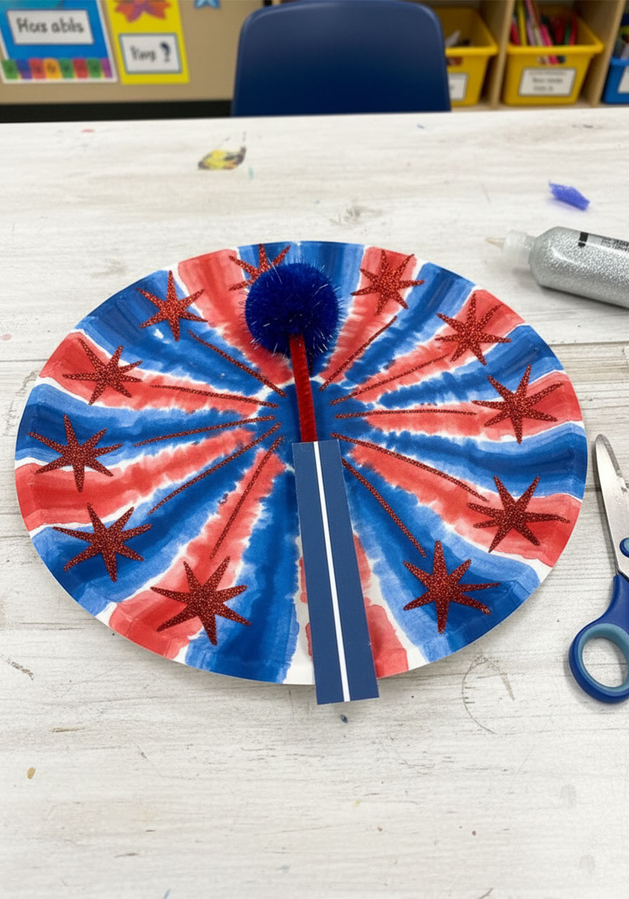 Adding gold glitter glue swirl trails radiating from the center of a coffee filter watercolor fireworks craft — Step 6 final decoration variation 2