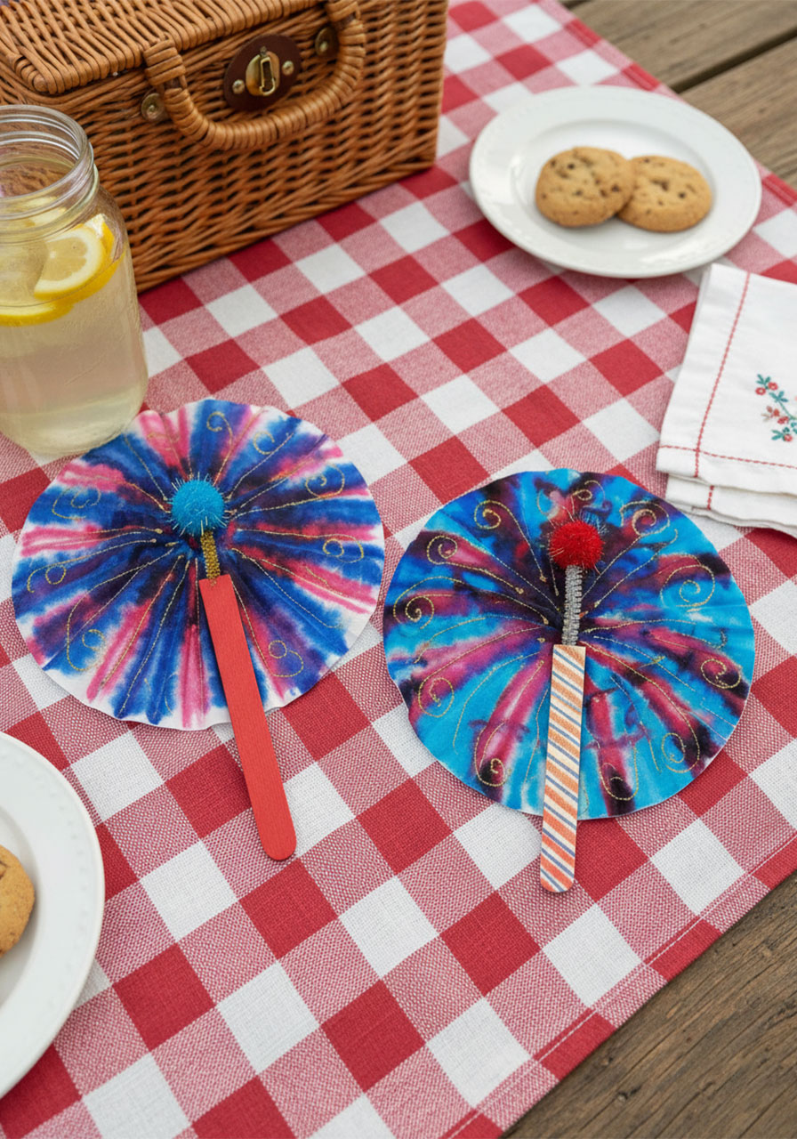 Two completed coffee filter watercolor fireworks crafts with red and blue tie-dye starburst patterns, glitter swirls, pom pom centers, and painted popsicle stick handles — 4th of July kids craft