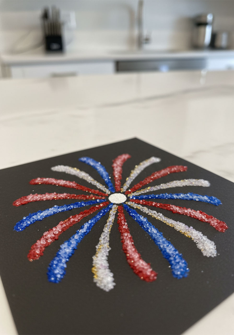 Close-up of completed firework salt painting on black cardstock in red white and blue watercolors with sparkling salt crystals 4th of July craft