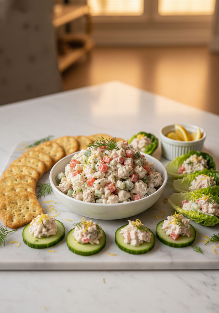 Elegant party serving platter with ultimate crab salad recipe on crackers, lettuce cups, and cucumber rounds