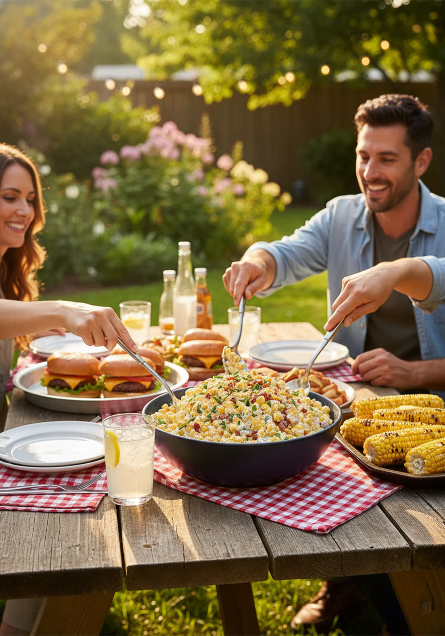 Crack corn salad served in a bowl at a sunny outdoor BBQ table alongside burgers and grilled corn