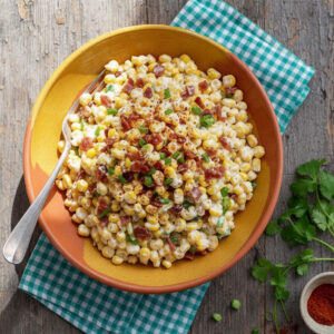 Crack corn salad in a navy ceramic bowl with corn kernels, crispy bacon, cheddar cheese, and green onions