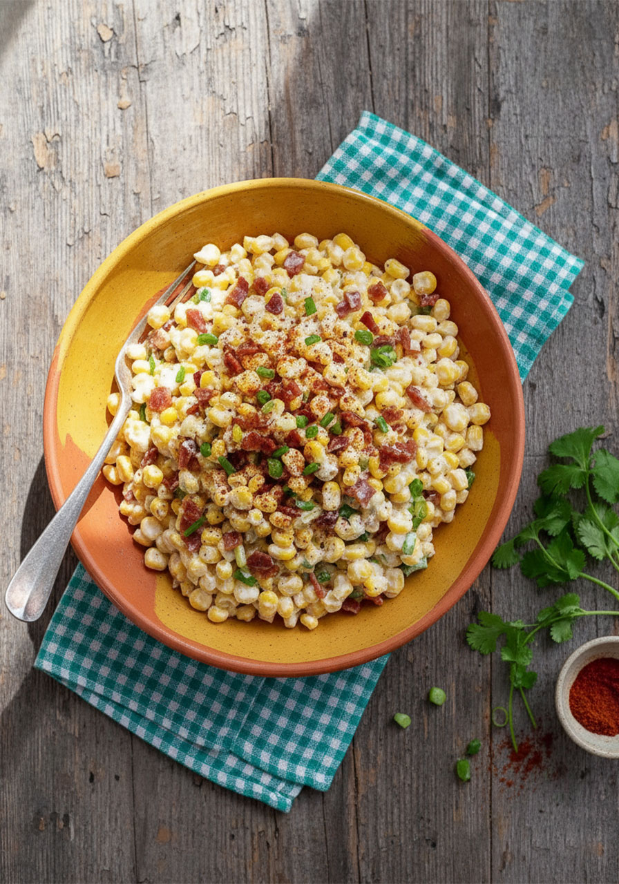 Crack corn salad in a navy ceramic bowl with corn kernels, crispy bacon, cheddar cheese, and green onions