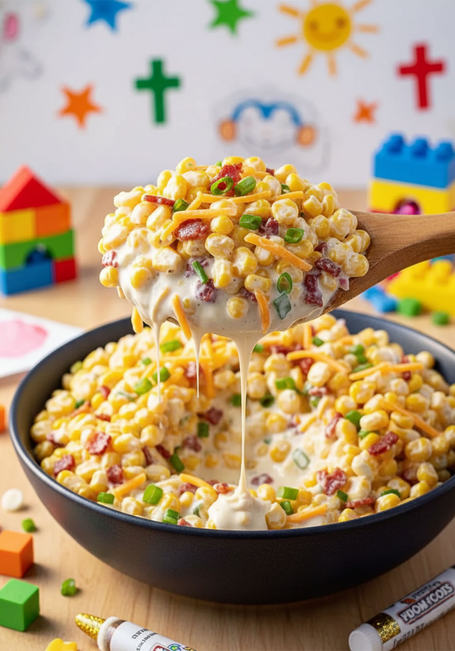Close-up of a wooden spoon scooping creamy crack corn salad showing ranch dressing, bacon, and cheddar cheese texture