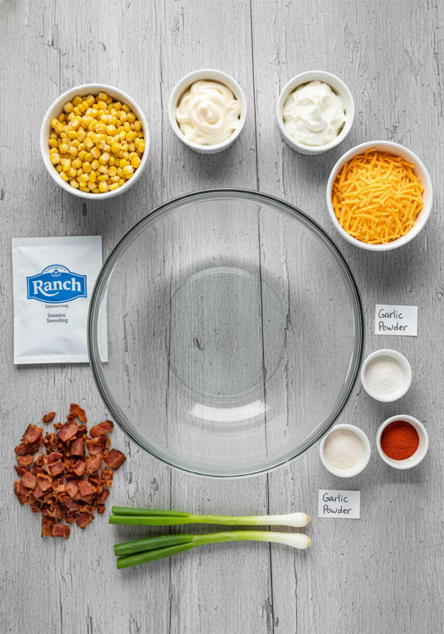 All crack corn salad ingredients arranged in small white bowls including corn, bacon, cheddar, ranch mix, mayo, and sour cream