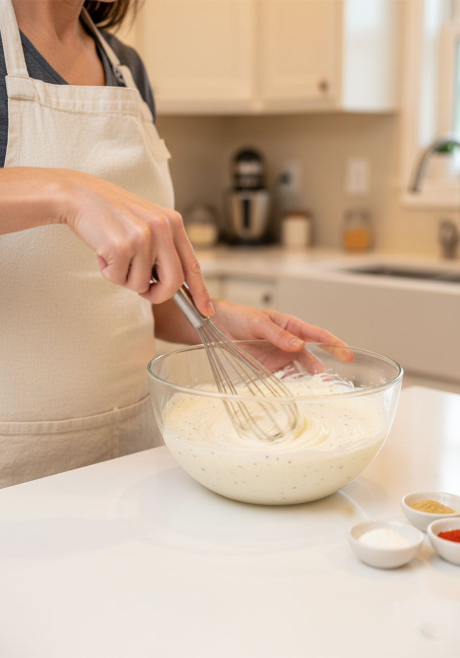 Woman whisking creamy ranch dressing with mayonnaise and sour cream in a glass bowl to make crack corn salad