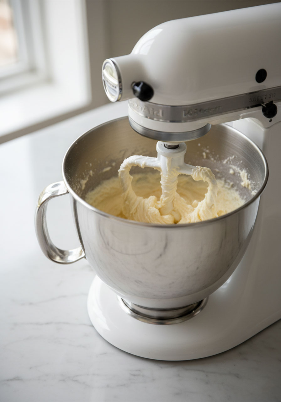 Butter and sugar being creamed together in a stand mixer for raspberry cookie dough