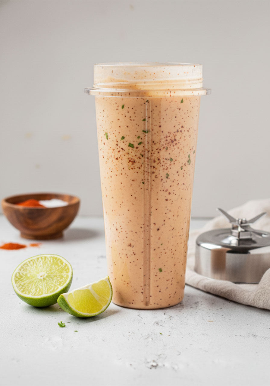 Creamy Mexican macaroni salad dressing blended in a personal blender cup showing chili lime yogurt dressing with lime halves beside it