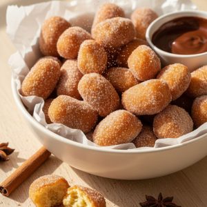 Crispy air fryer churro bites coated in cinnamon sugar served in a parchment-lined bowl with chocolate dipping sauce