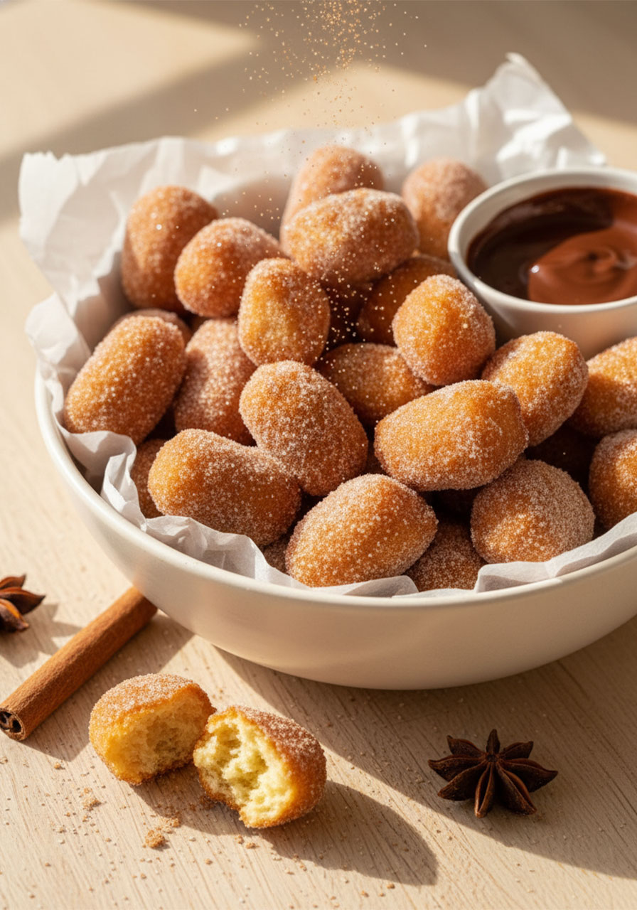 Crispy air fryer churro bites coated in cinnamon sugar served in a parchment-lined bowl with chocolate dipping sauce