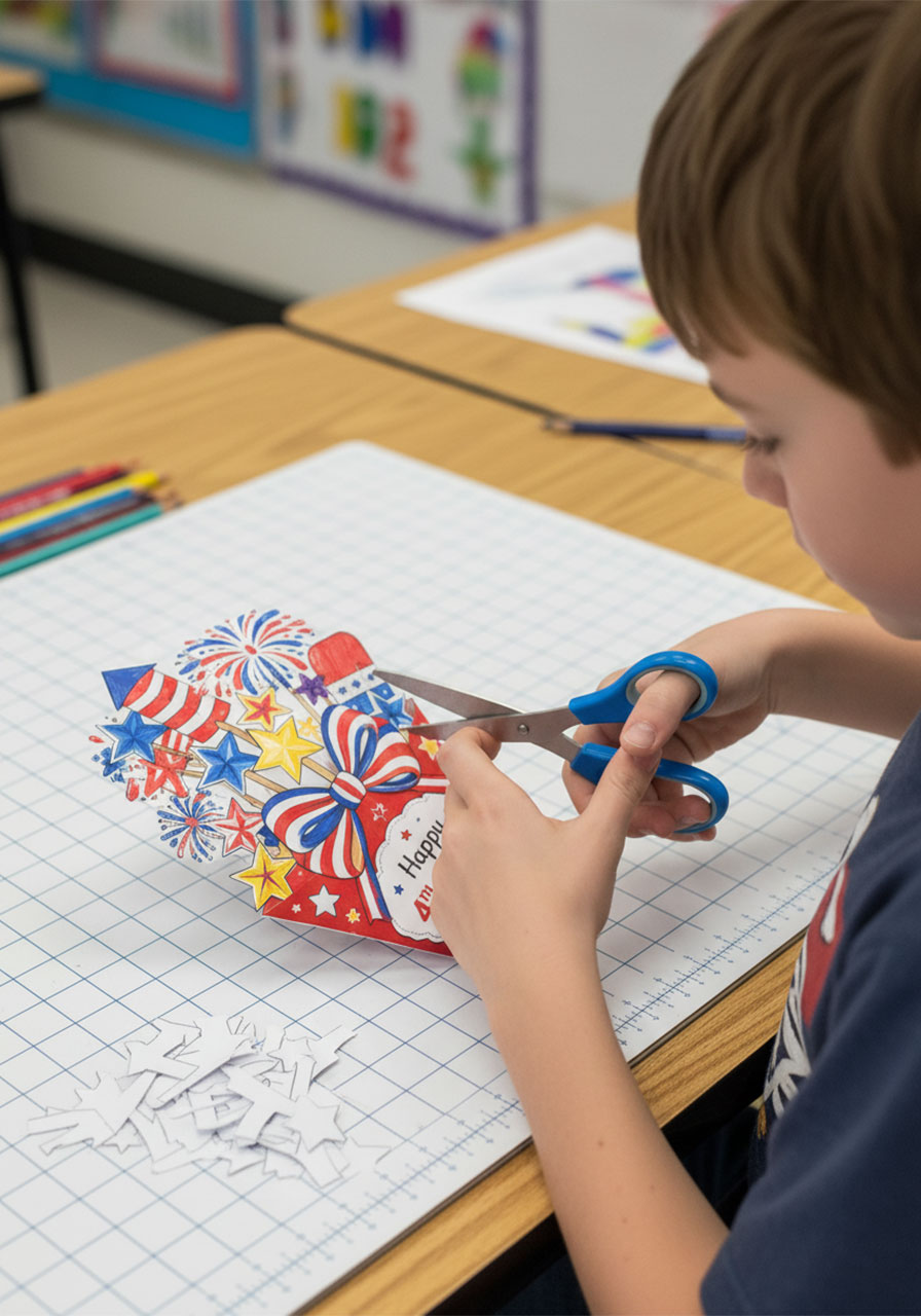 Child cutting out the fully colored printable 4th of July firework bouquet card with child-safe scissors