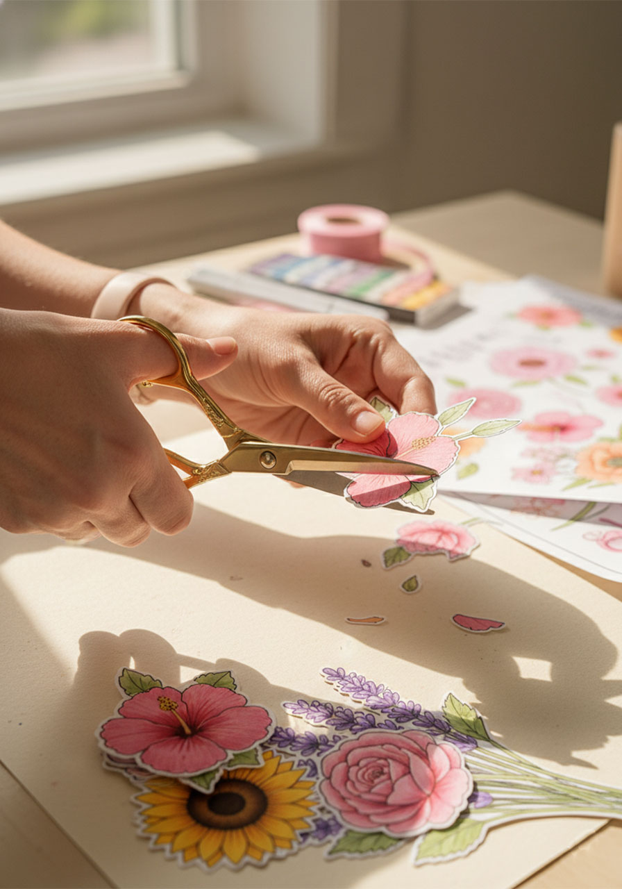 Cutting out printable paper flowers for bouquet craft activity
