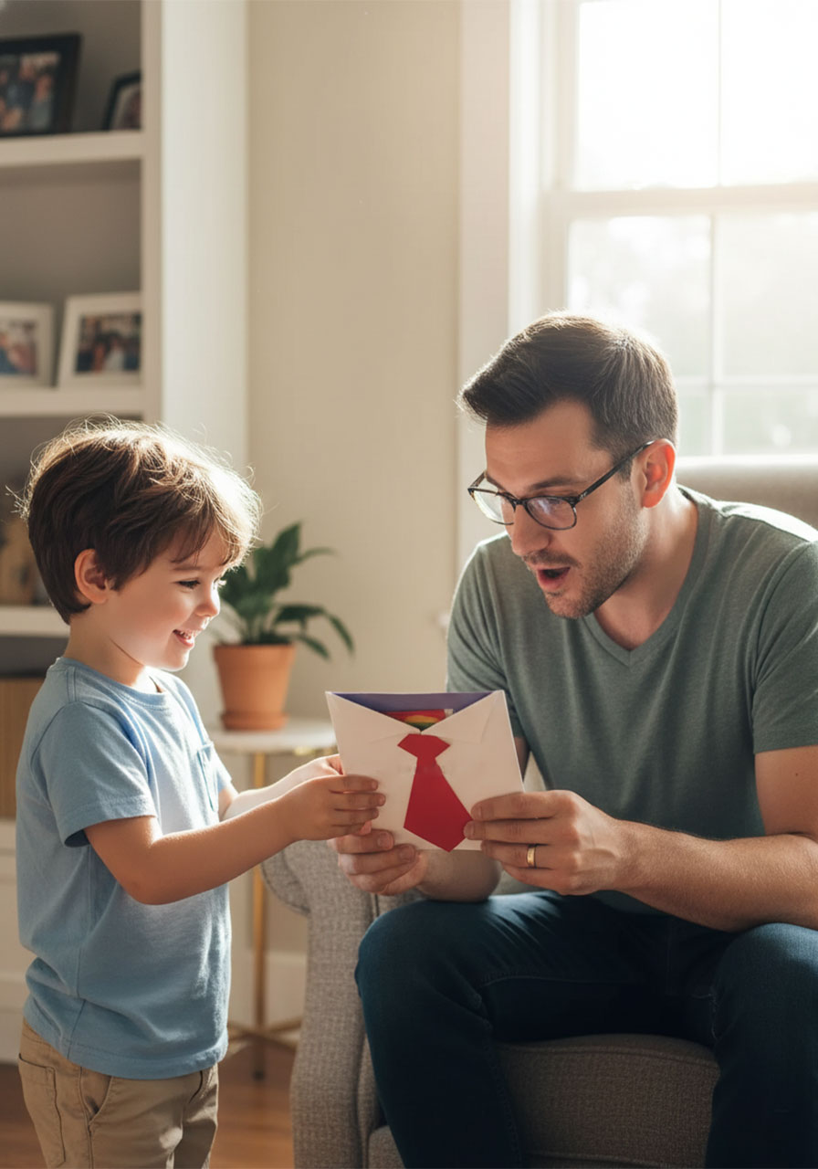 Father opening handmade superhero dress shirt card on Father's Day while children watch the emotional reveal