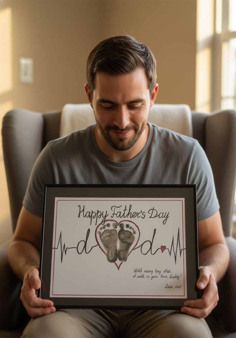 Emotional dad holding completed baby footprint heartbeat art frame as Father's Day gift