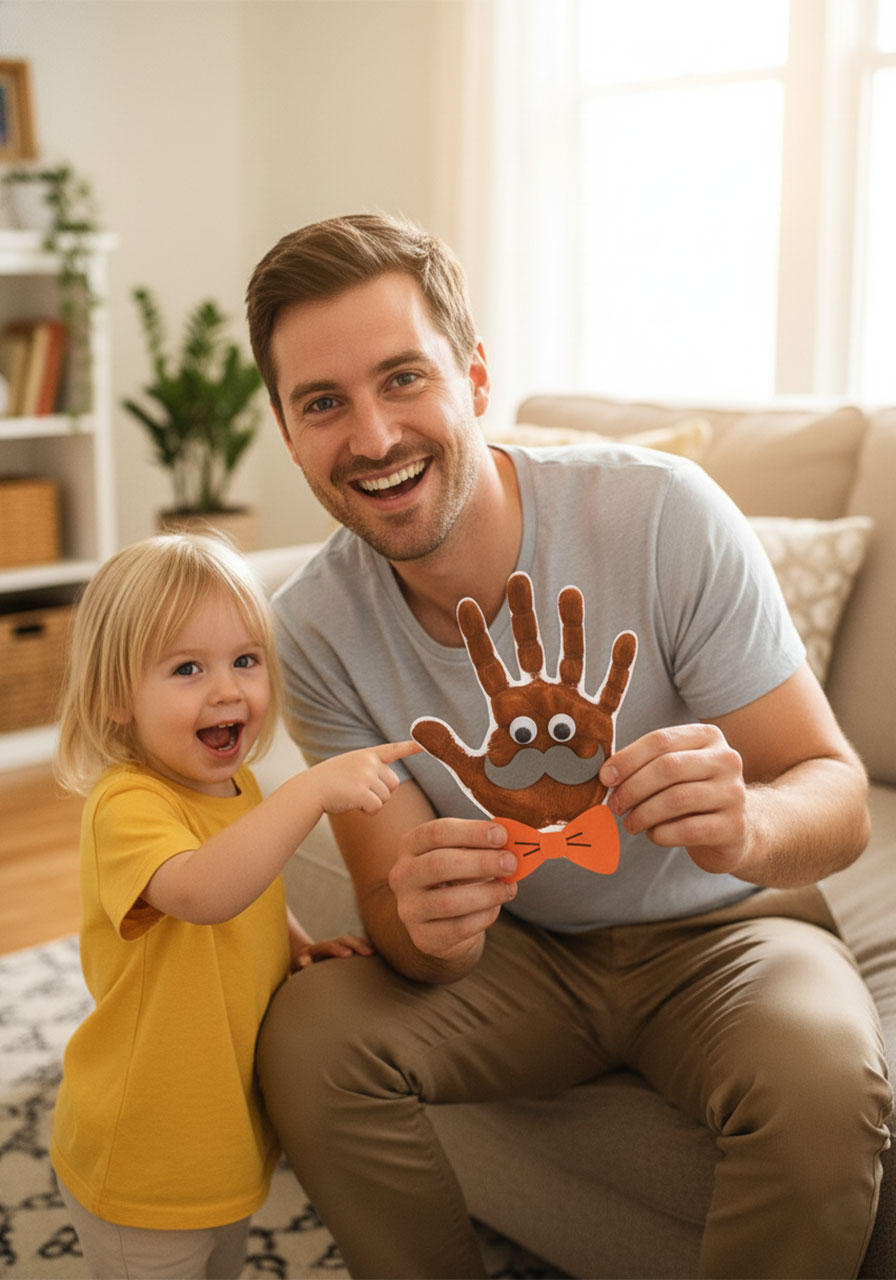 Dad smiling and holding a completed Father's Day handprint card received from his young child in a warm home living room setting