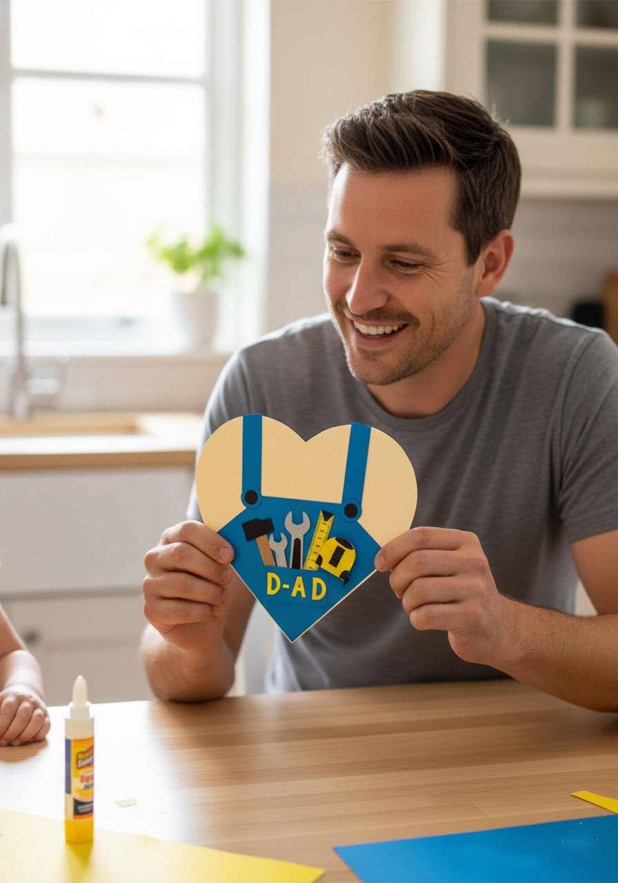 Happy dad holding handmade Father's Day handy dad heart card made by his child showing tools and blue overalls design
