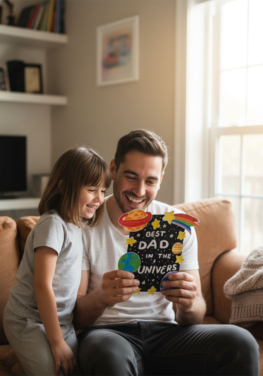 Father smiling while holding homemade "Best Dad in the Universe" card received from his young child on Father's Day