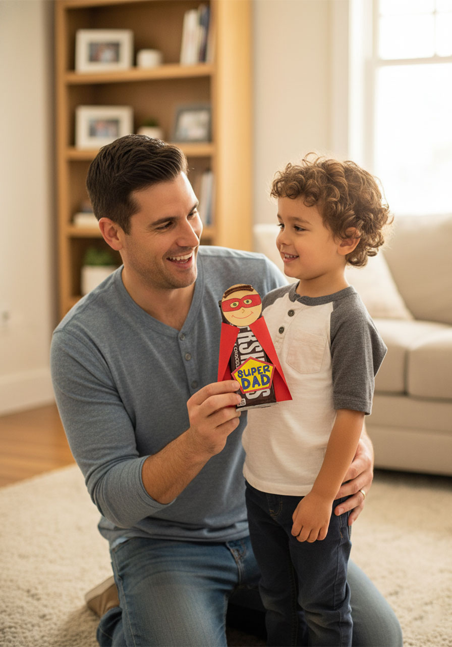 Smiling father kneeling and holding up a superhero chocolate bar Father's Day gift his young son made him