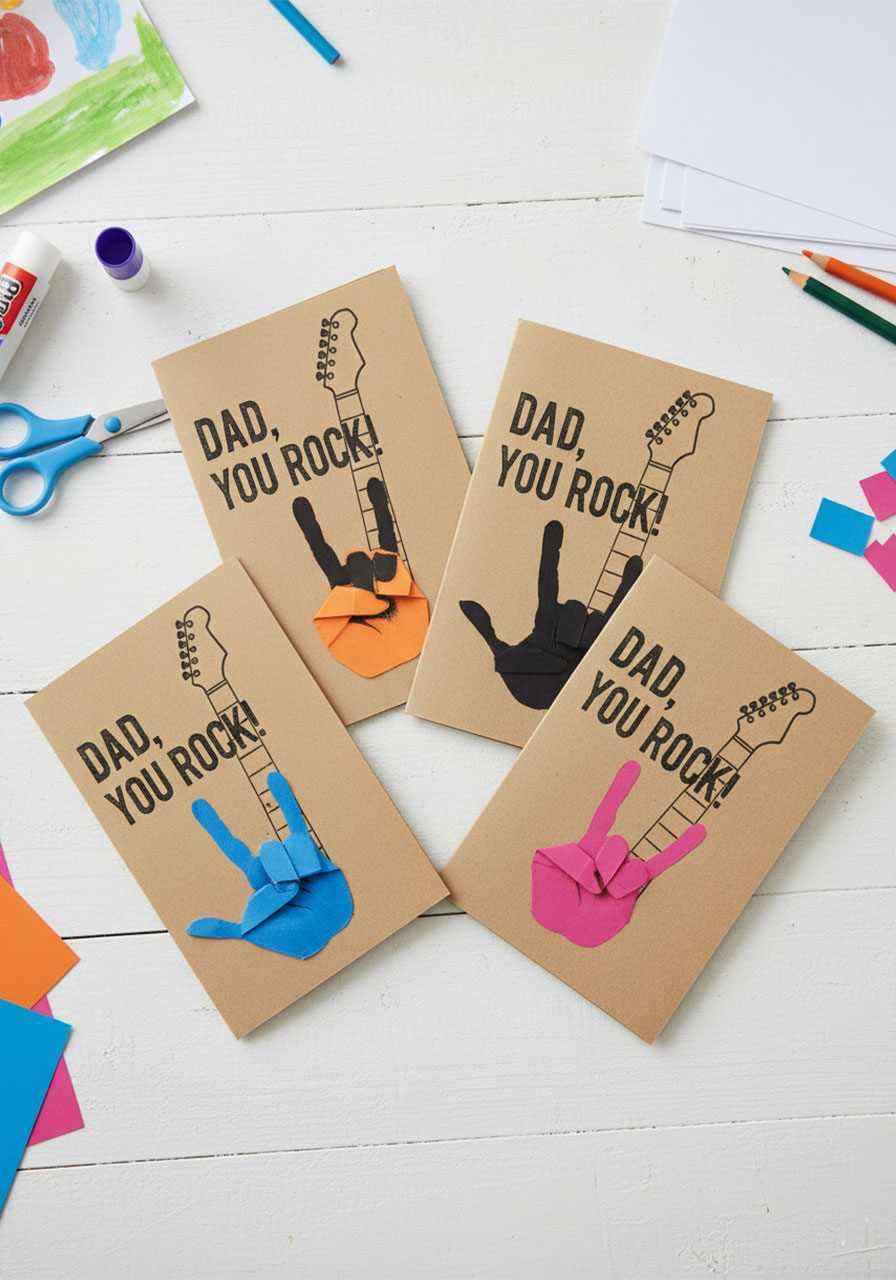 Four completed Dad Rocks handprint guitar Father's Day cards in orange, blue, black, and pink on white surface