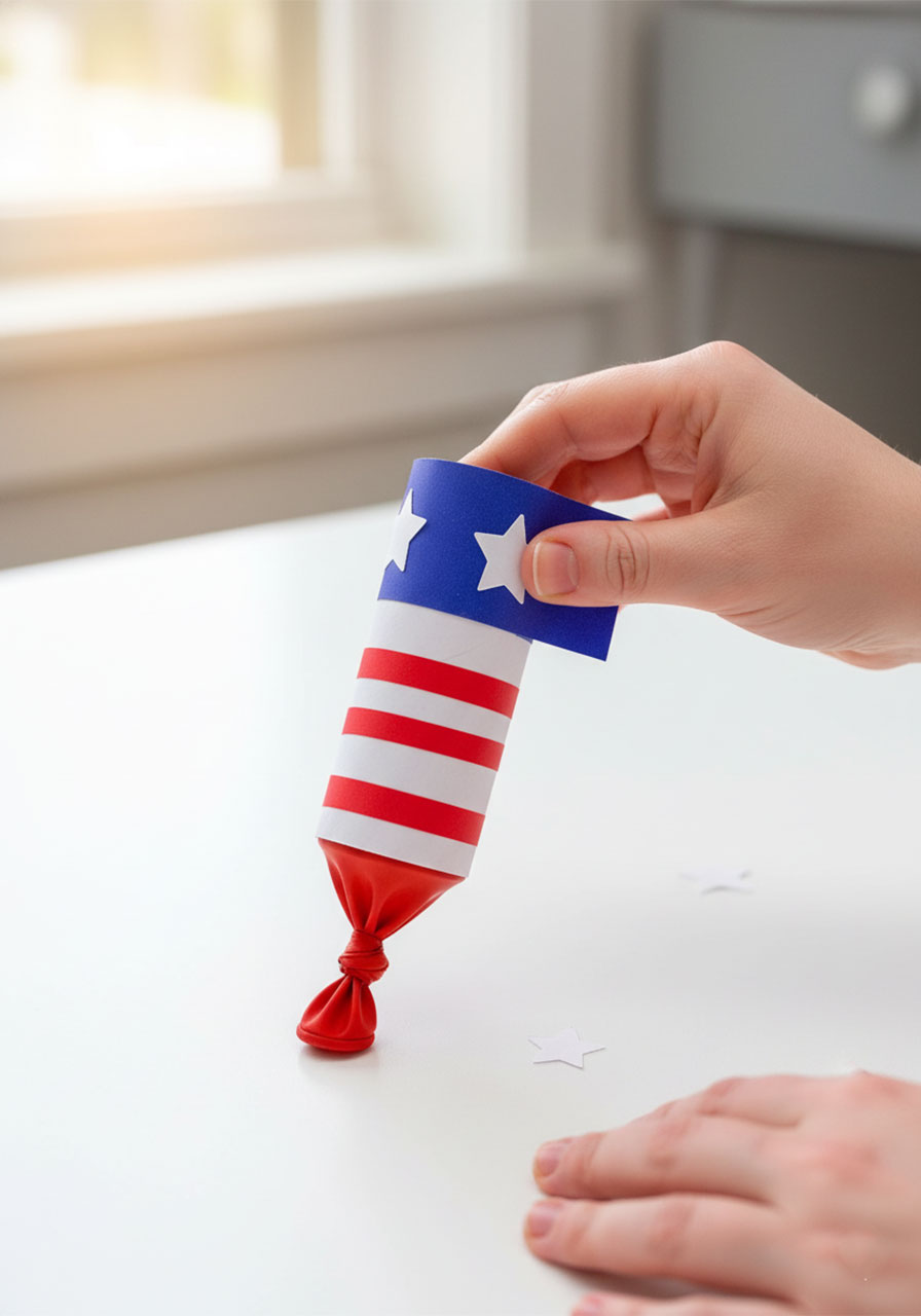 Hands decorating a DIY 4th of July confetti popper with red paper stripes blue band and white paper stars