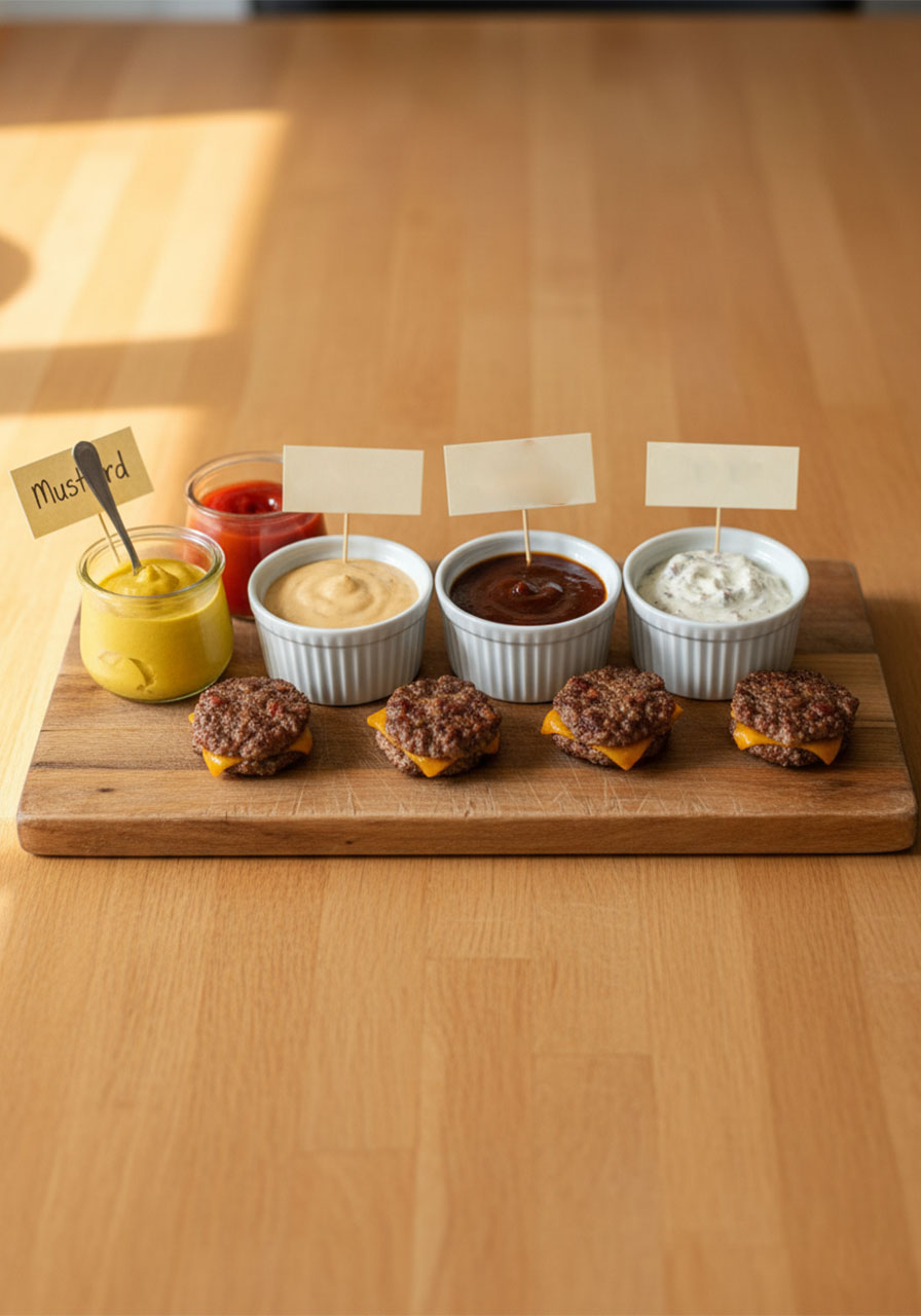 A party dipping sauce station with mustard, ketchup, Big Mac sauce, and BBQ sauce served alongside low carb bacon cheeseburger dippers