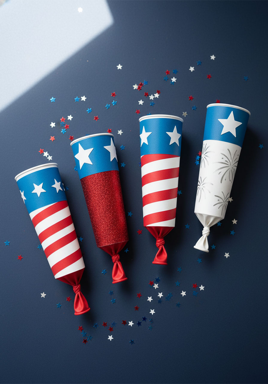 Four DIY 4th of July confetti popper design variations including classic stripes glitter paper and fireworks drawing styles