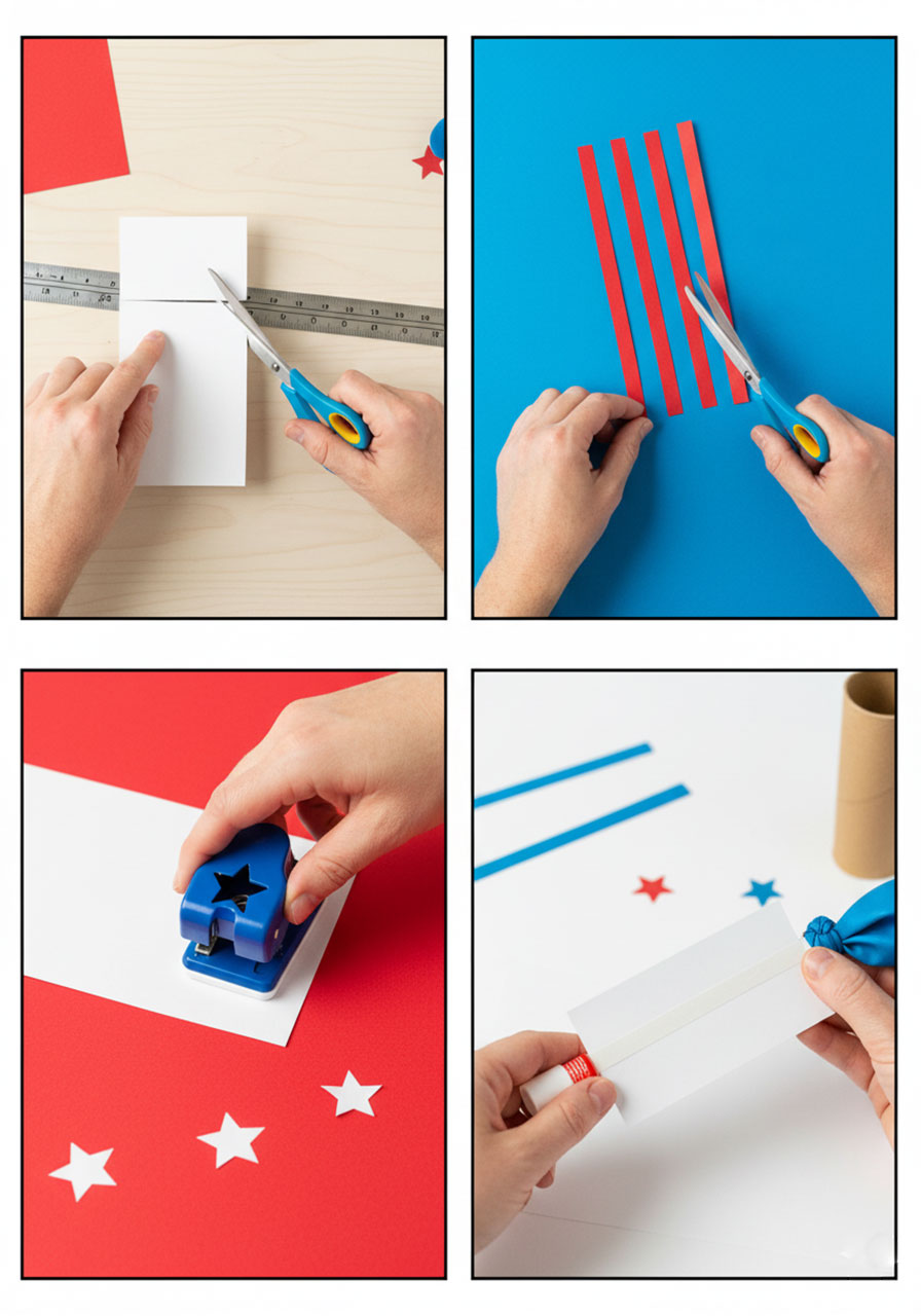 Step by step paper cutting guide for DIY confetti poppers showing white paper red strips blue band and white star shapes