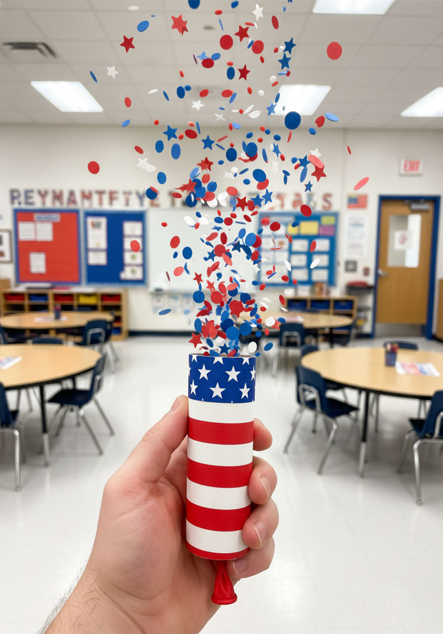 Hand holding a completed DIY confetti popper for 4th of July with red white and blue confetti exploding in the air