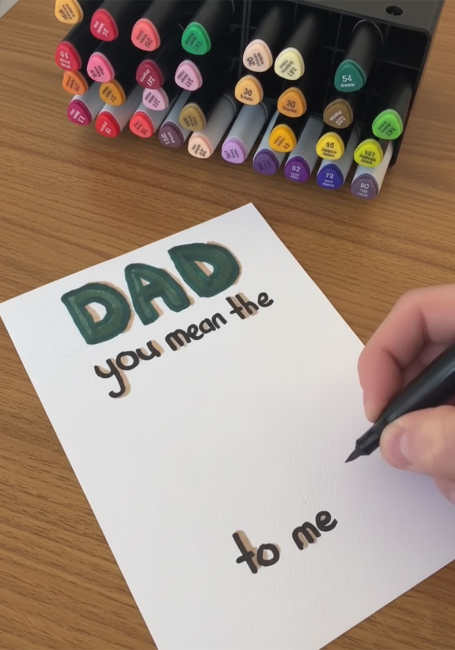Filling in bold forest green bubble letters spelling DAD with an alcohol marker for the handmade Father's Day card