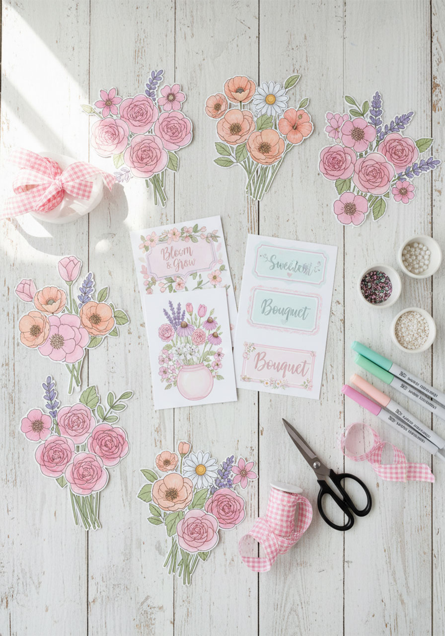 Flat lay printable flower bouquet activity craft supplies and paper flowers