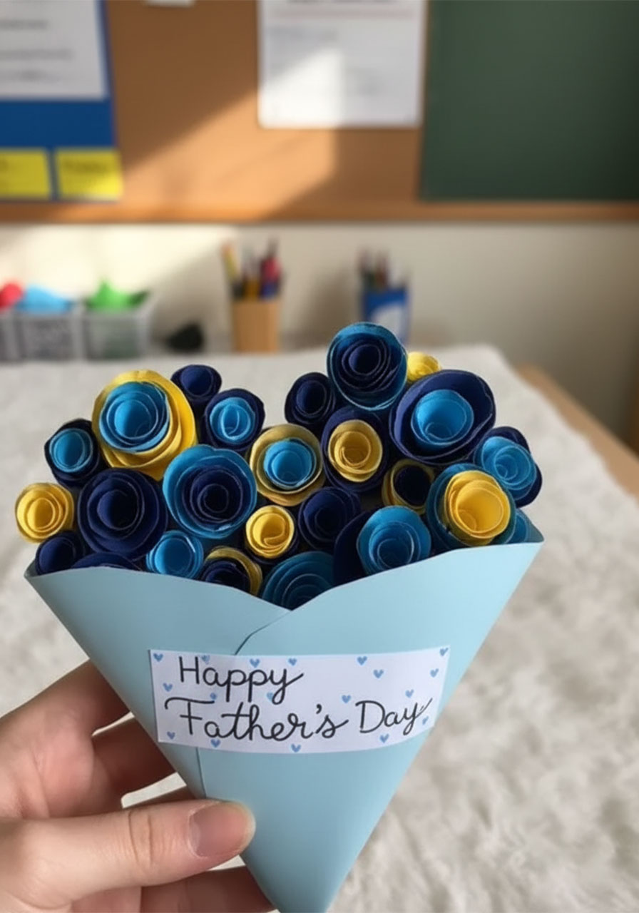Finished DIY paper rose heart bouquet in light blue cone wrapper with navy blue and yellow paper roses — handmade Father's Day gift idea