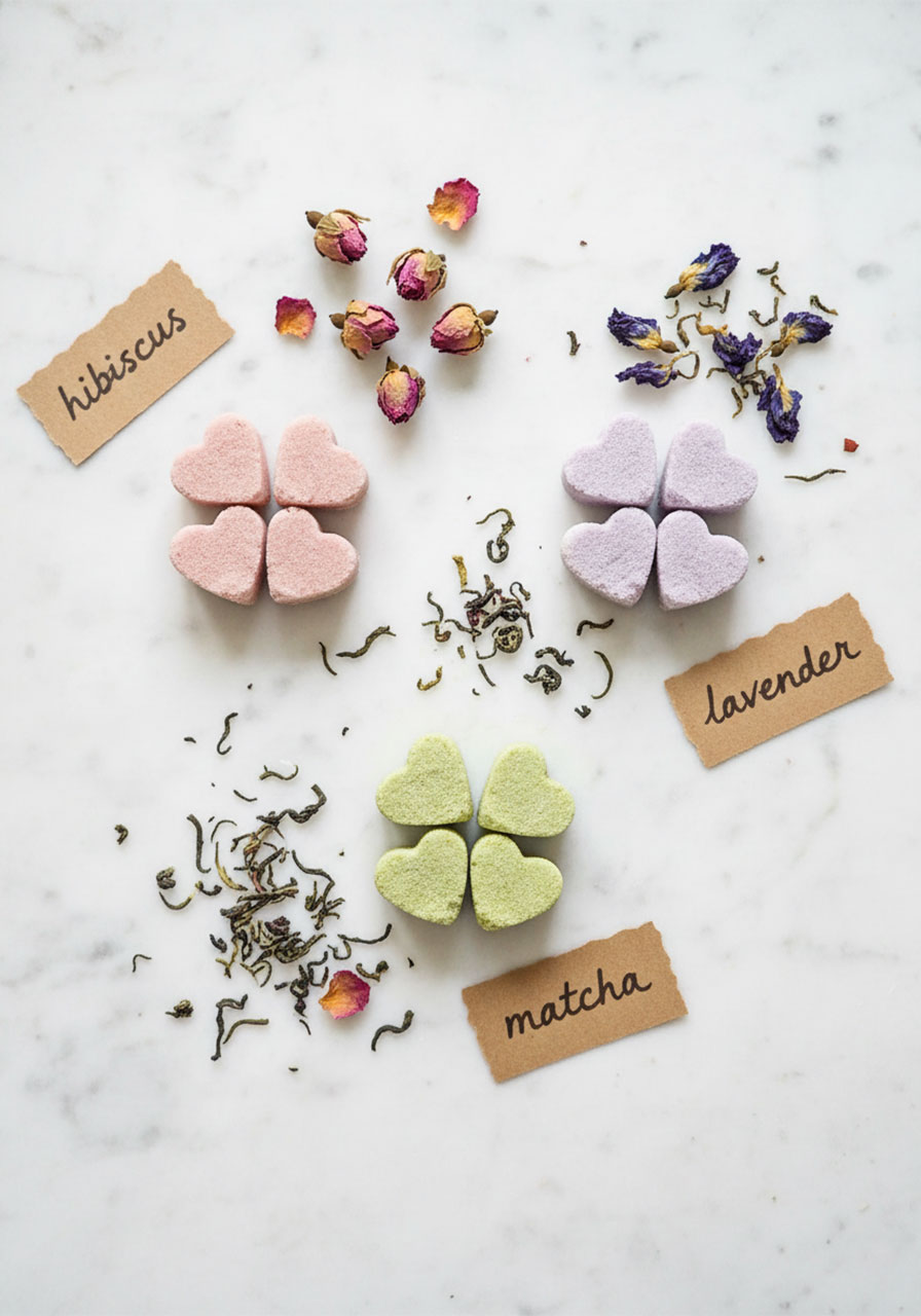 Homemade colored sugar cube variations in pink hibiscus, lavender butterfly pea flower, and matcha green arranged on marble