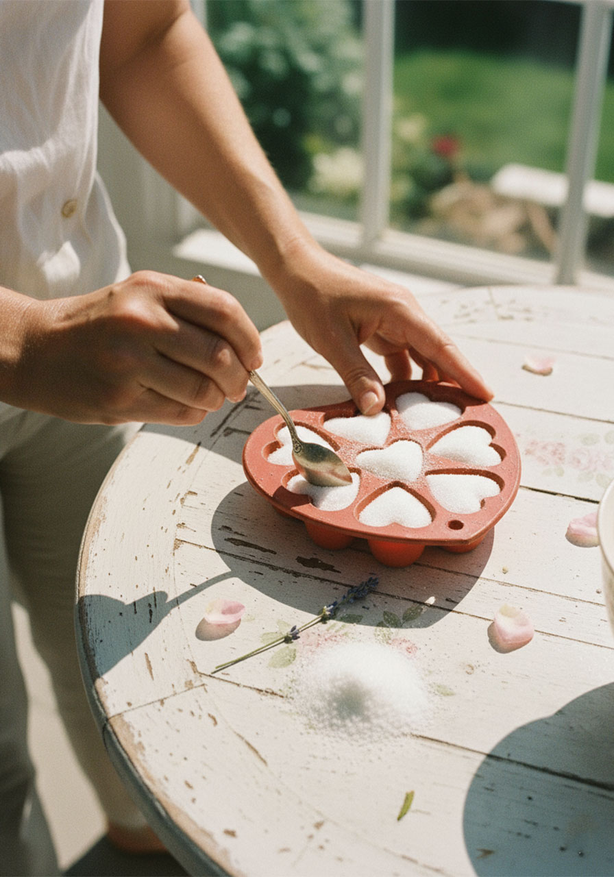 Packing damp sugar mixture tightly into a heart-shaped silicone mold with a teaspoon to make DIY sugar cubes