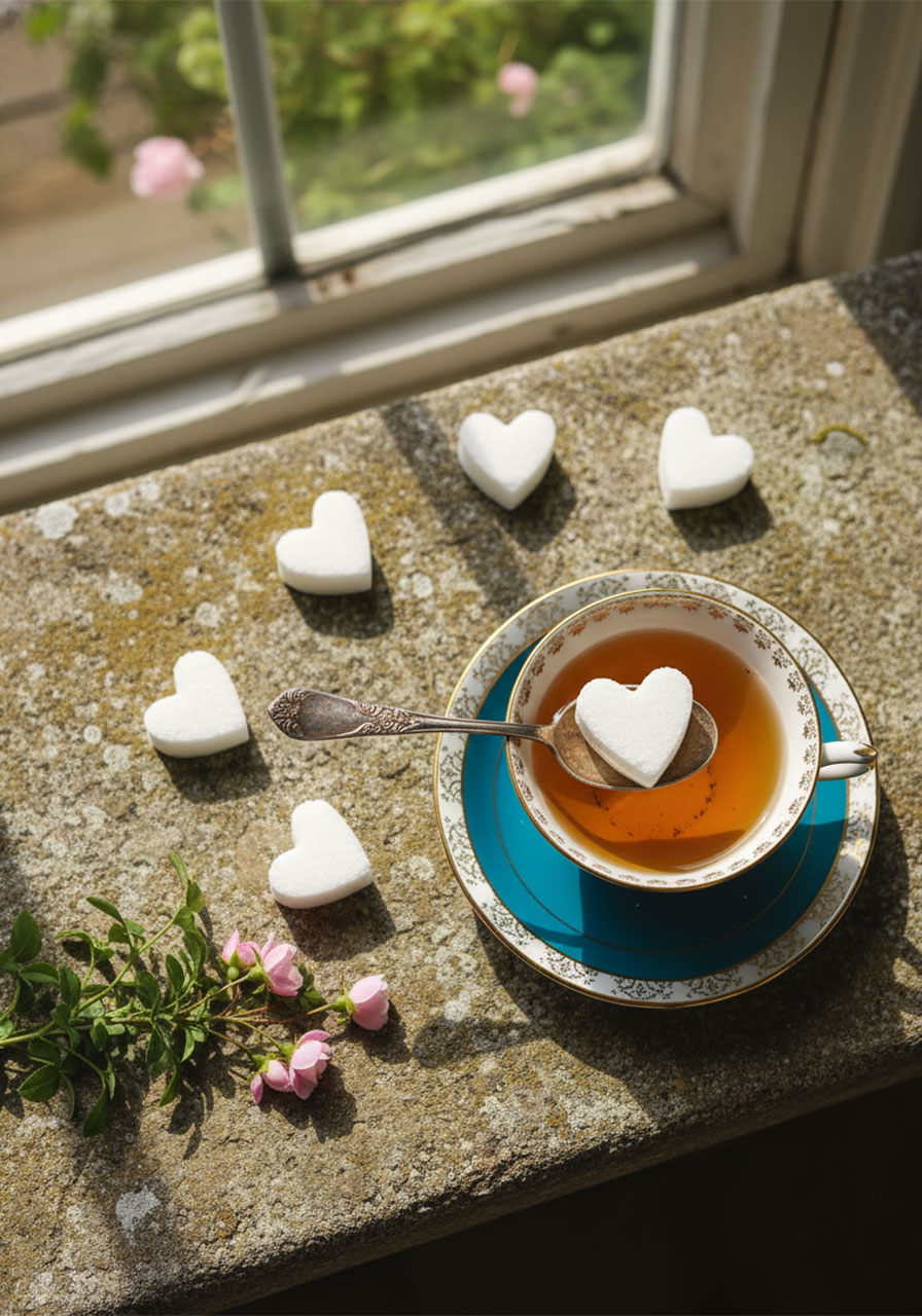 Heart-shaped DIY sugar cubes on a teaspoon resting over a vintage teacup for a high tea party