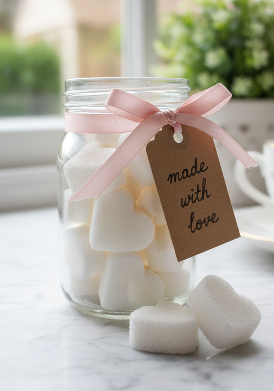 Homemade DIY sugar cubes in a glass Mason jar tied with a pink ribbon as a beautiful tea party gift or favor idea