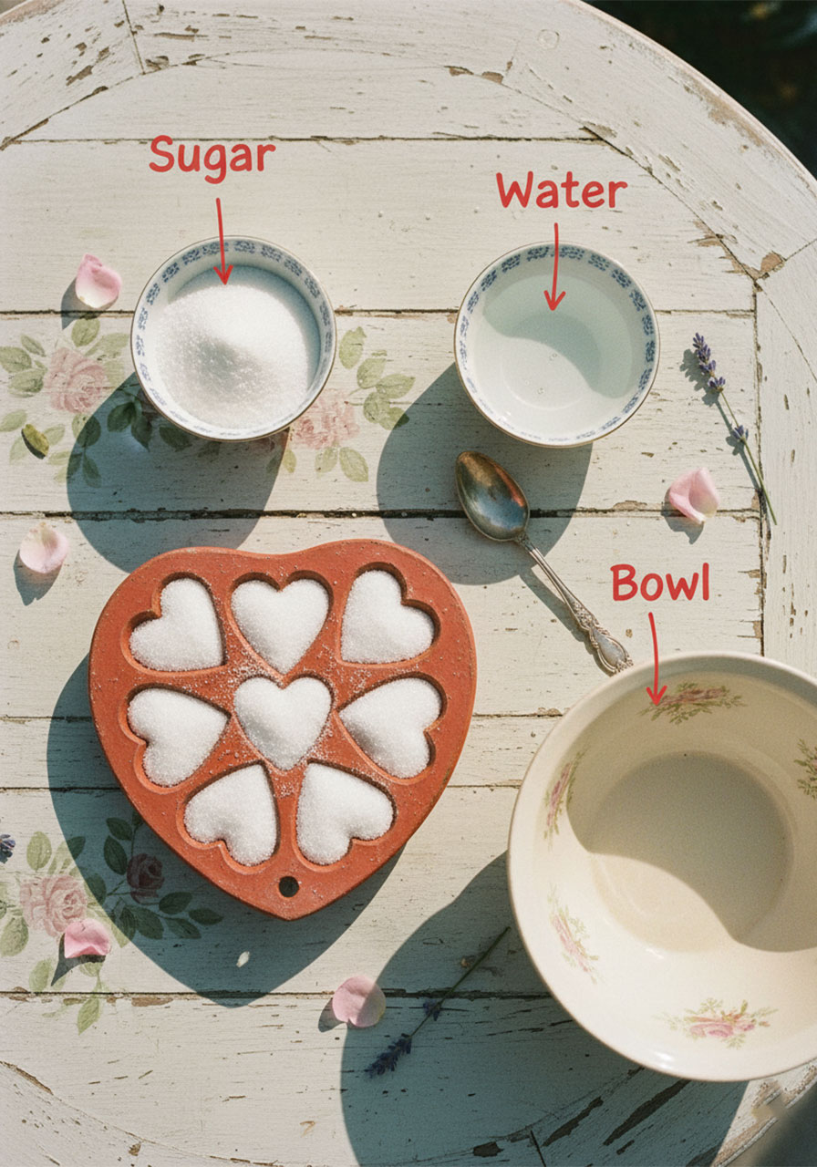 Ingredients and supplies needed to make DIY sugar cubes at home: sugar, water, silicone mold, teaspoon, and mixing bowl