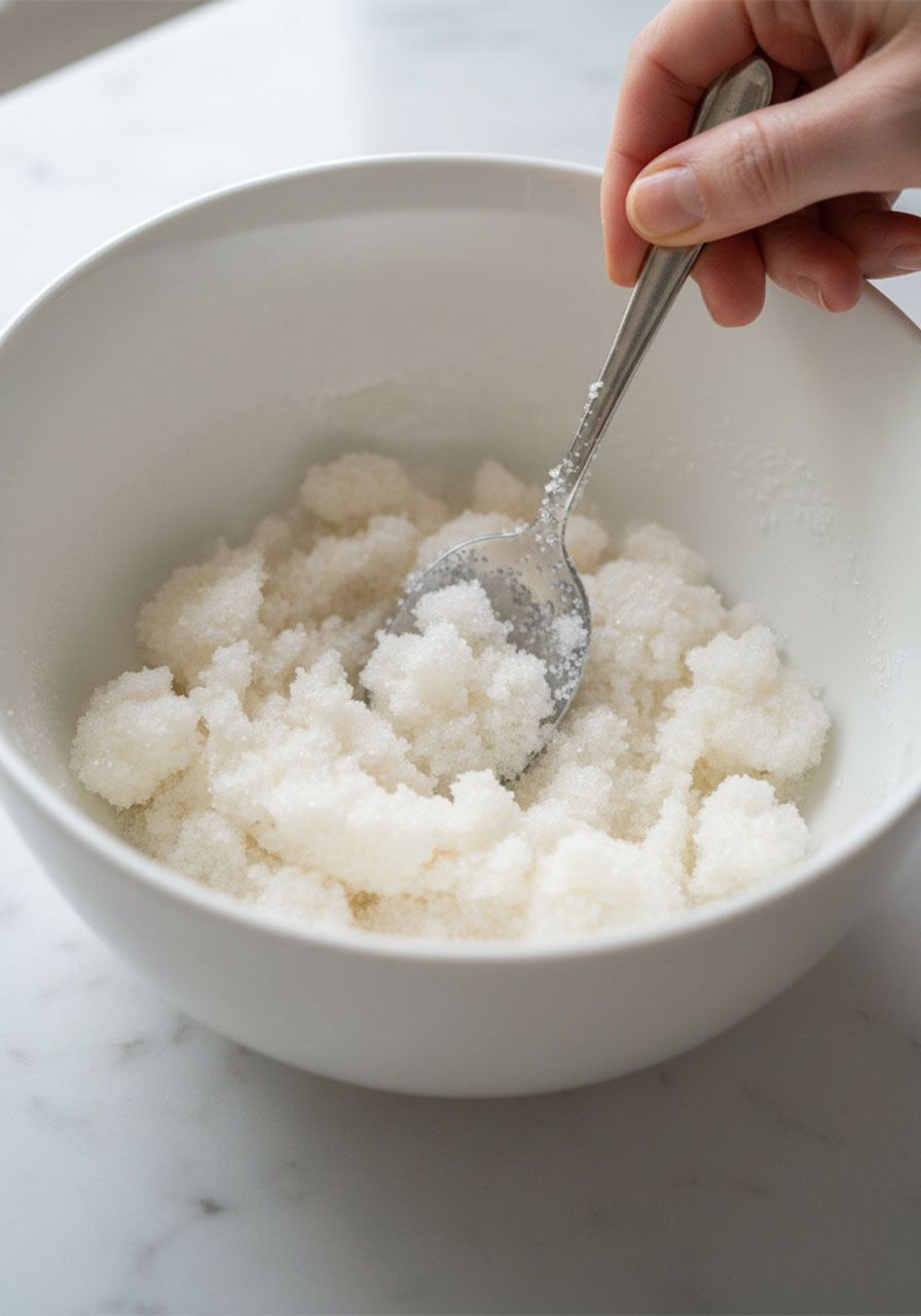 Mixing sugar and water in a bowl to the correct damp sand consistency for homemade sugar cubes