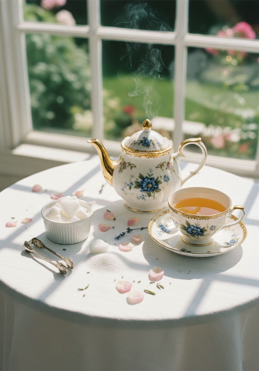 Elegant high tea party table styled with homemade heart-shaped sugar cubes in a white ramekin beside a vintage teacup and teapot