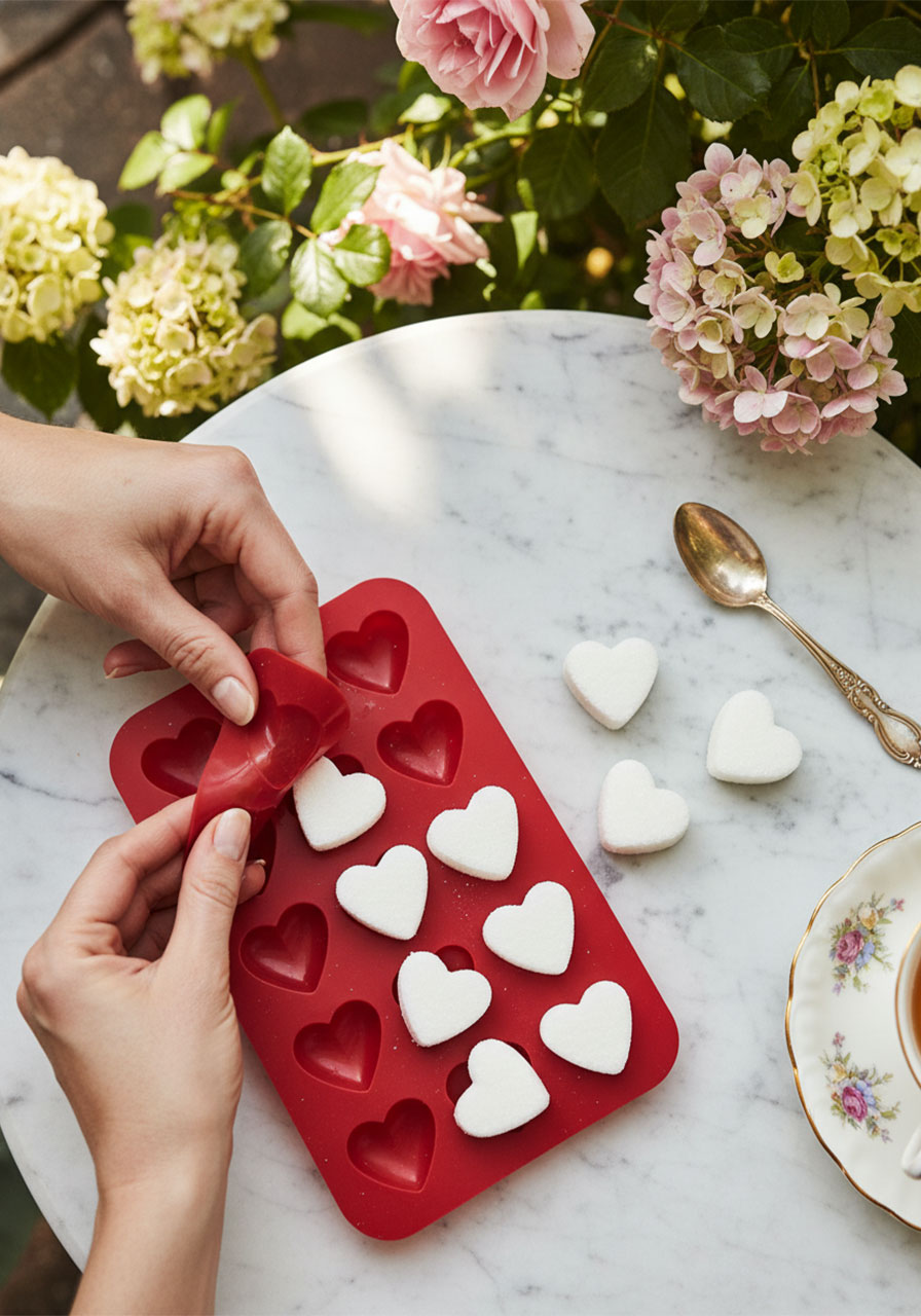 Unmolding perfectly dried white heart-shaped homemade sugar cubes from a red silicone candy mold