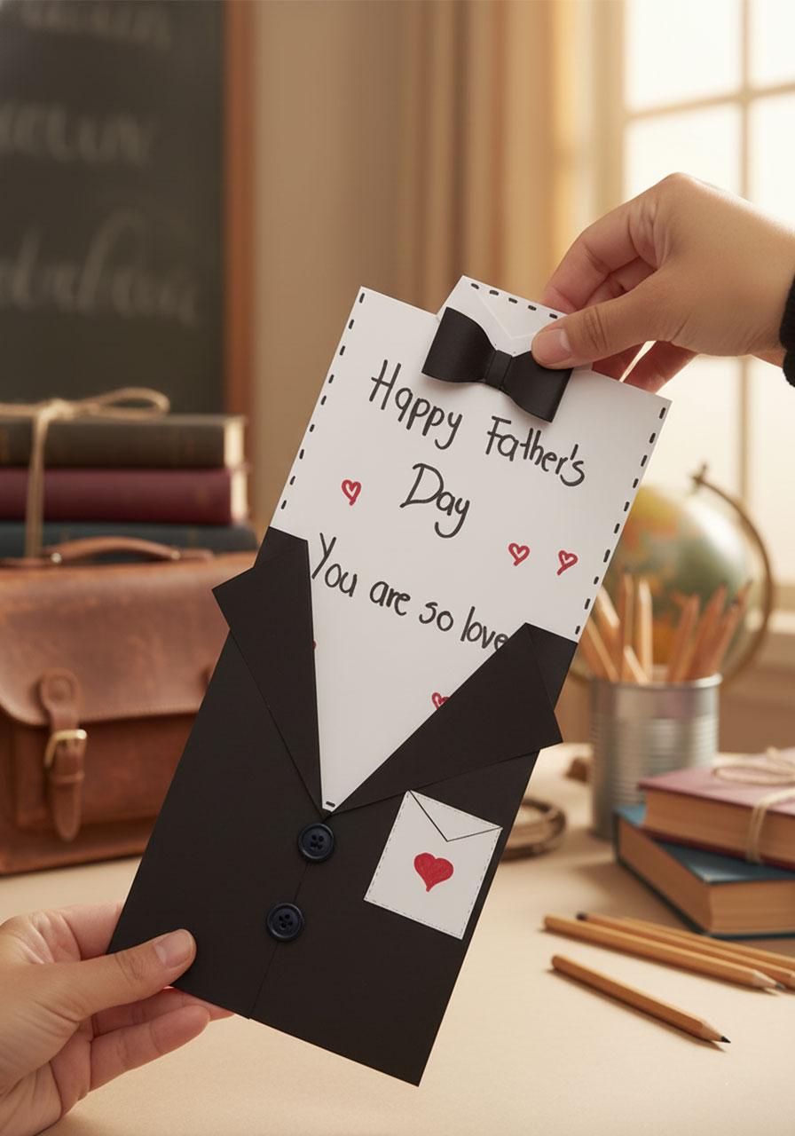 Pulling out hidden Father's Day message from DIY tuxedo card by the bow tie showing interactive card reveal