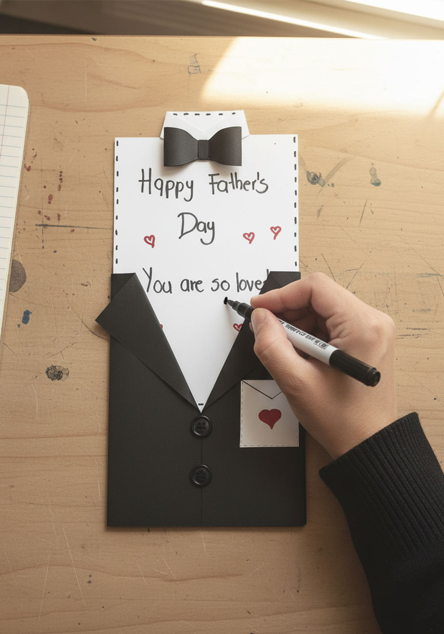 Writing Happy Father's Day message on white cardstock insert for DIY tuxedo card step 6	