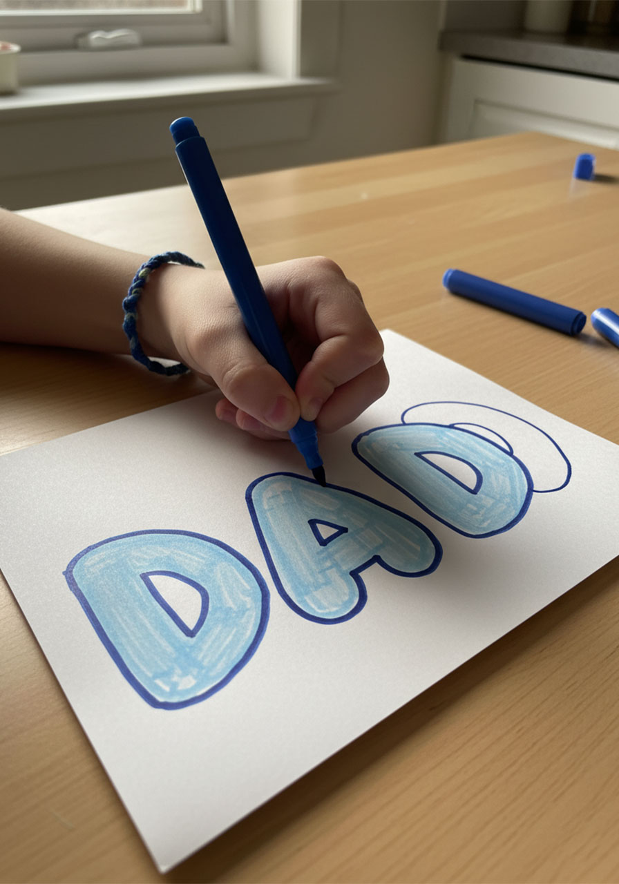 Child's hand drawing chunky blue bubble letters spelling DAD on white cardstock with light and dark blue markers for 3D shadow effect