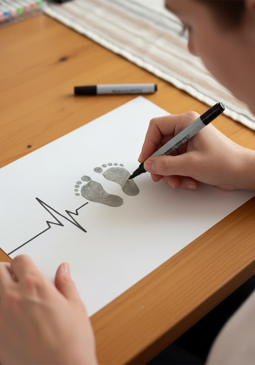 Hand drawing black EKG heartbeat line across cardstock around baby footprints for Father's Day art craft