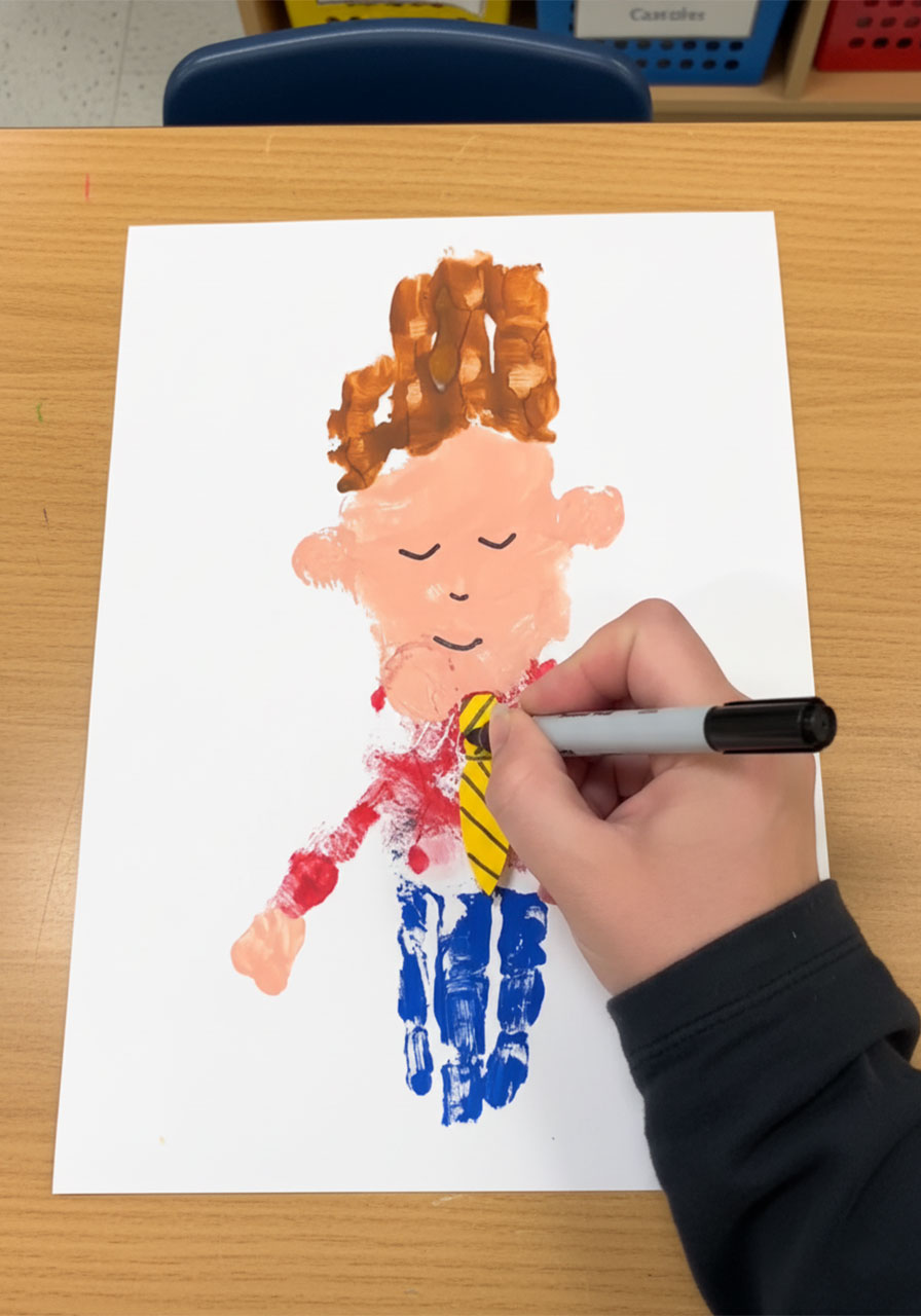 Adult drawing black marker face details — eyes and smile — onto the dried handprint Mini-Me Dad painting for the Father's Day keepsake, Step 6