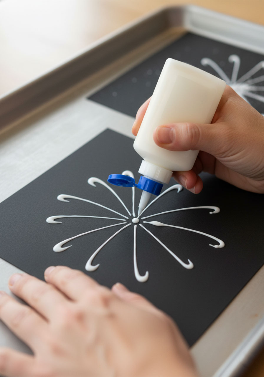 Hands drawing firework burst shapes on black cardstock using white Elmer's school glue squeeze bottle step by step craft tutorial