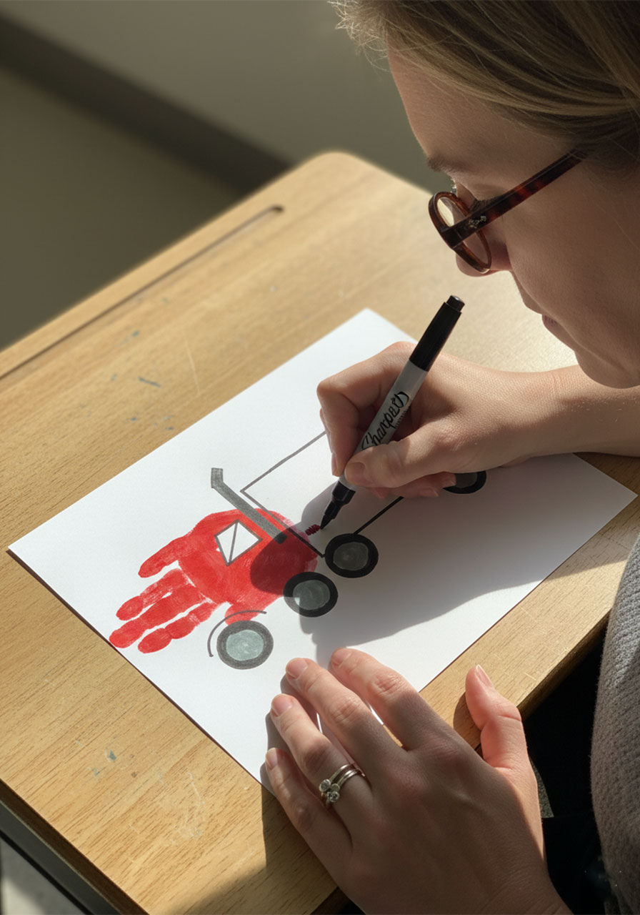 Adult drawing black Sharpie truck details including wheels window and exhaust pipe onto dried red handprint for Father's Day card