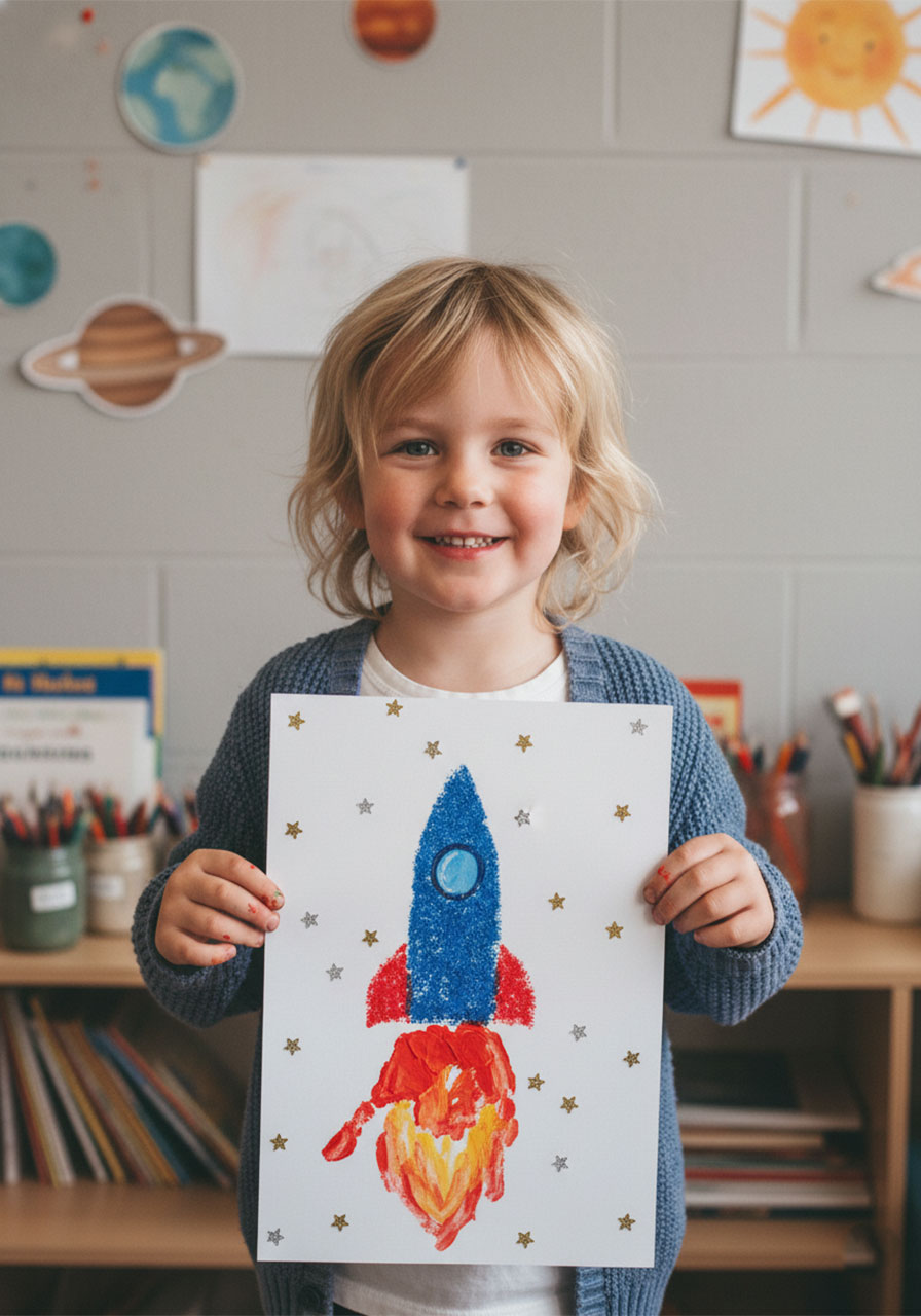Smiling boy holding a completed Father's Day handprint rocket ship craft with the words "Daddy I love you to the moon and back" written in marker on white cardstock