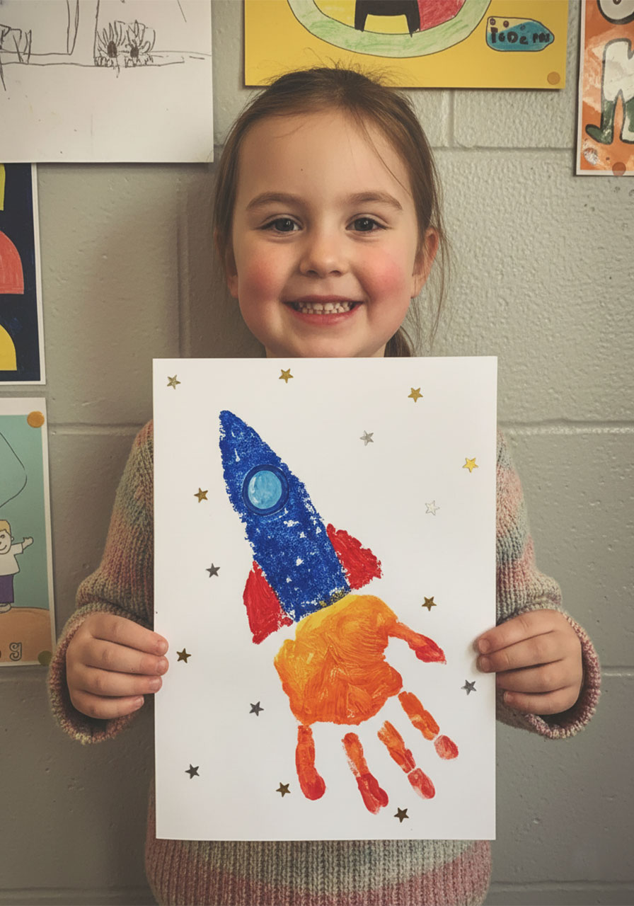Smiling child holding a completed Father's Day handprint rocket ship craft with the words "Daddy I love you to the moon and back" written in marker on white cardstock