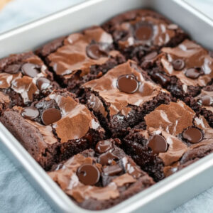 Easy gluten-free brownies sliced into 9 squares in a pan with gooey fudgy interior visible