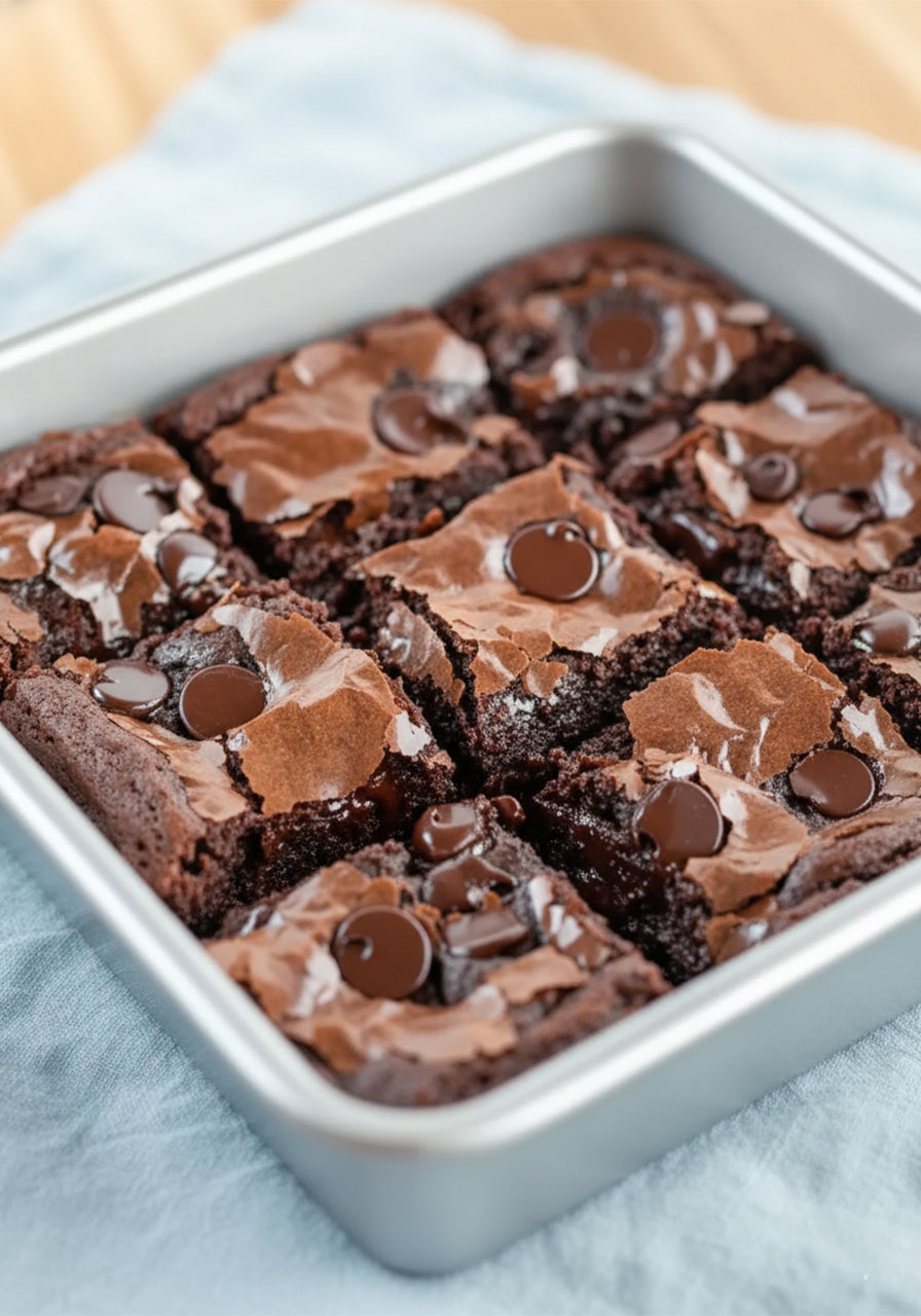 Easy gluten-free brownies sliced into 9 squares in a pan with gooey fudgy interior visible
